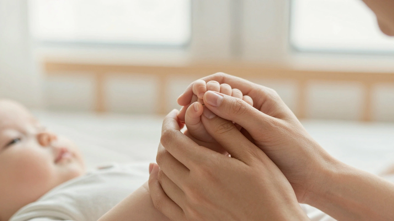 Крупный план рук матери и младенца, символизирующий надежную эмоциональную привязанность