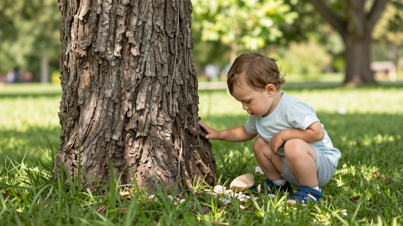 Малыш изучает кору дерева и камни в парке, развивая сенсорное восприятие