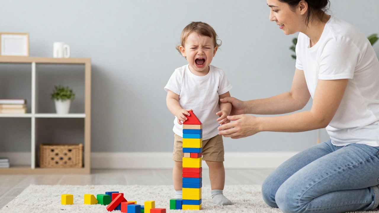 Малыш плачет из-за упавшей башни из кубиков, а родитель пытается его успокоить