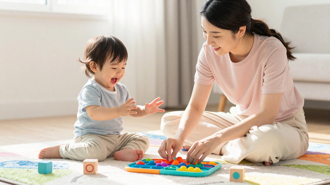 Мама и ребенок играют в развивающие игры на ковре в солнечной комнате