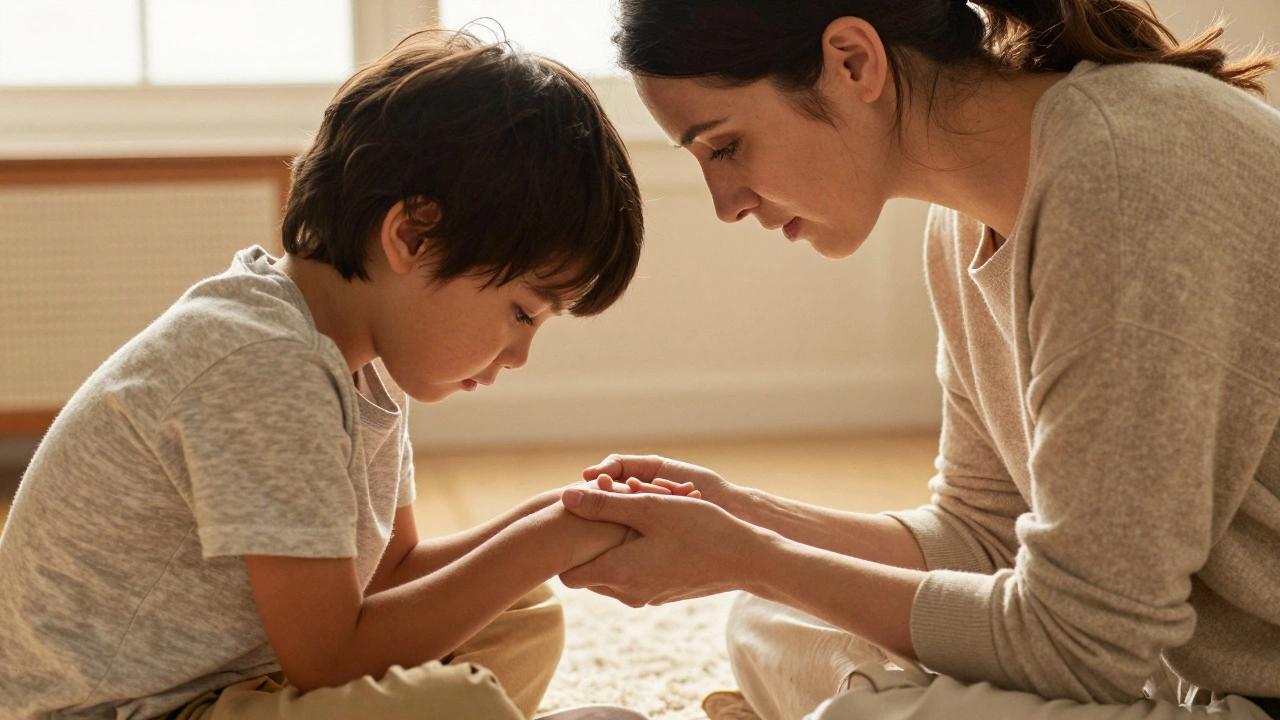 Мама на уровне глаз ребенка искренне извиняется и обнимает его