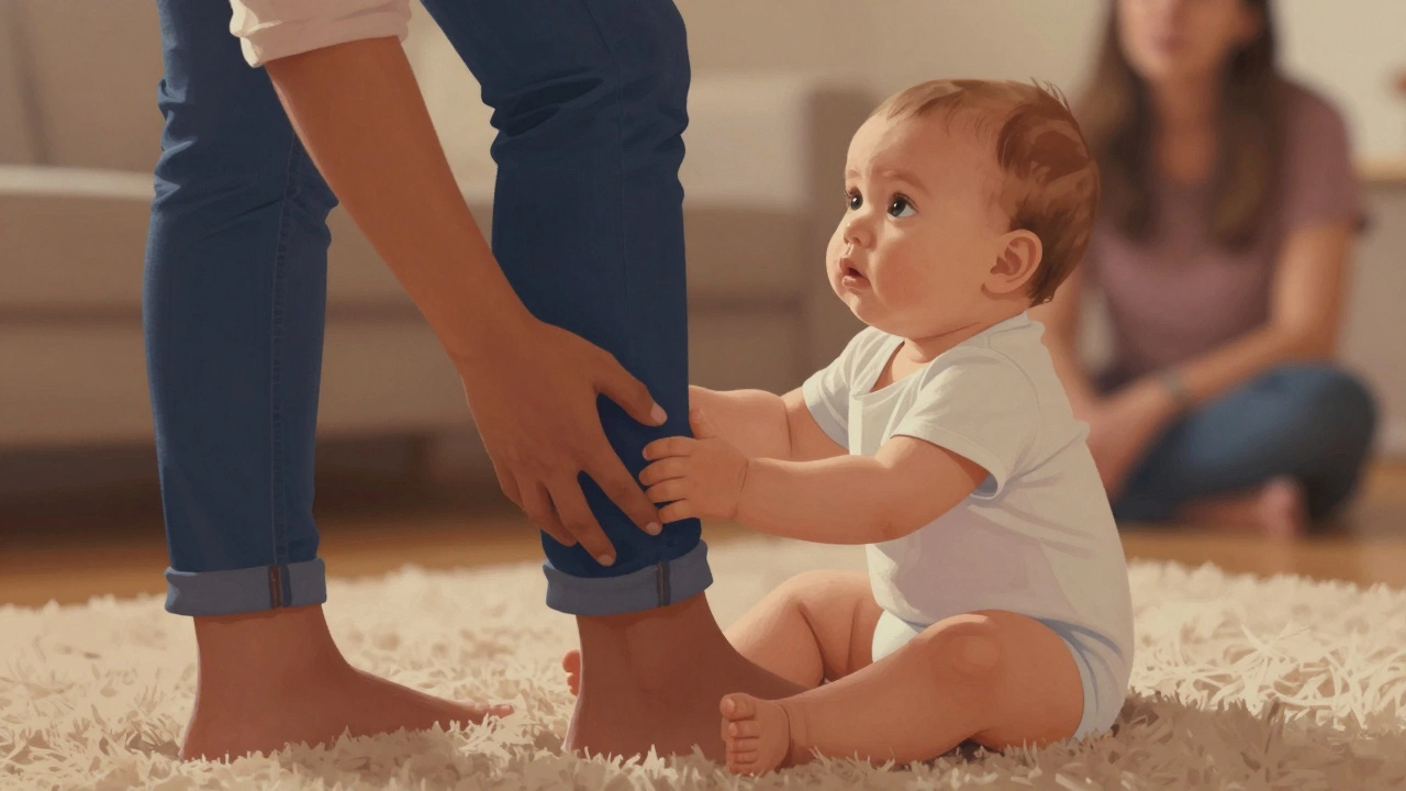 Ребенок девяти месяцев прижимается к ноге матери, опасаясь незнакомца