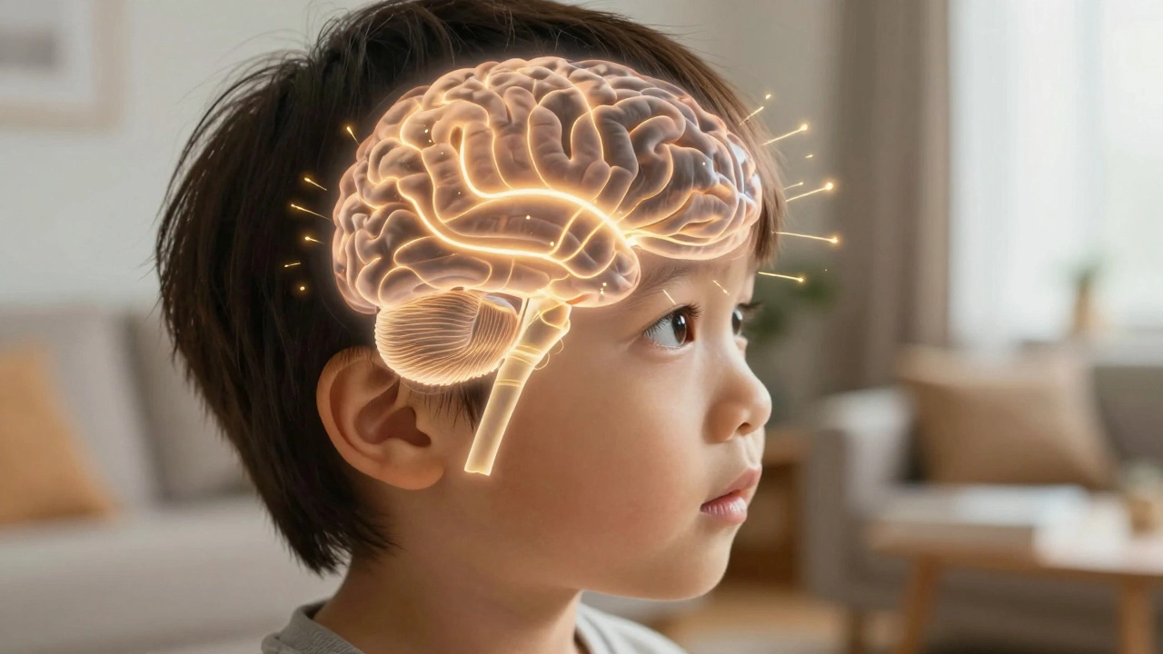 Ребенок с визуализацией активных речевых центров мозга в теплом освещении