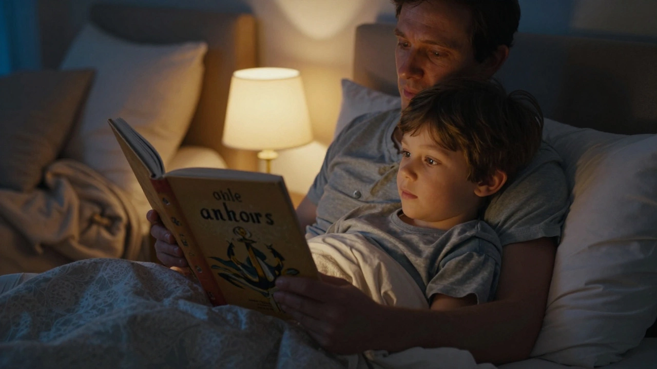 Родитель читает книгу ребенку перед сном в уютной комнате при мягком свете