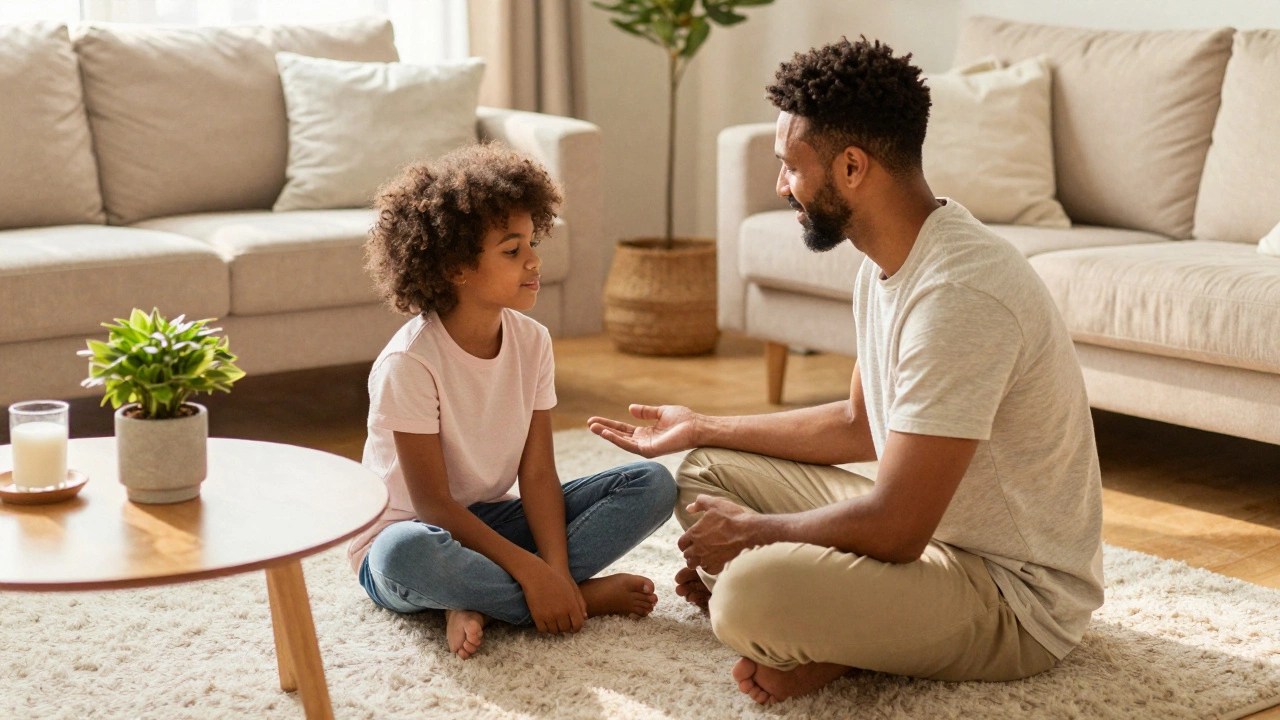 Родитель и ребенок вместе практикуют технику заземления в уютной комнате