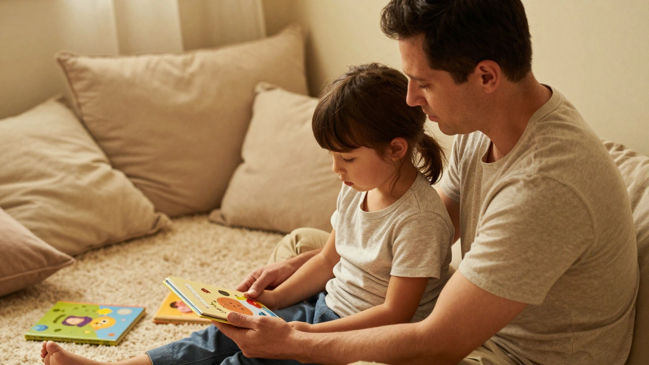 Родитель успокаивает малыша в уютном уголке спокойствия