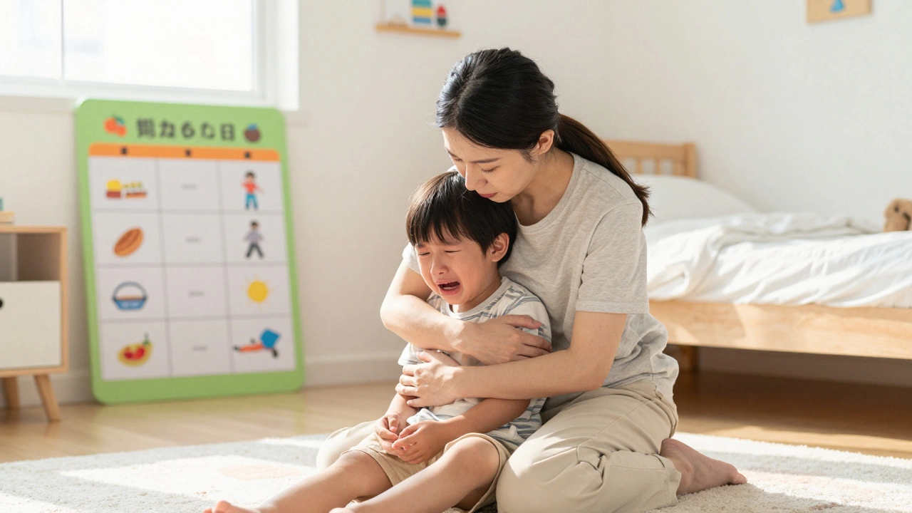 Родитель утешает плачущего ребенка в уютной детской комнате с расписанием на стене