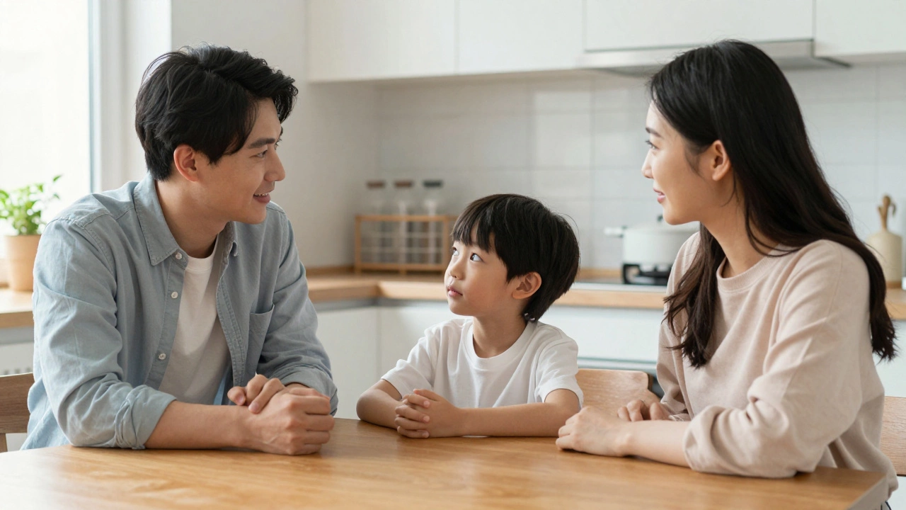 Родители и ребенок спокойно общаются за обеденным столом в уютной обстановке