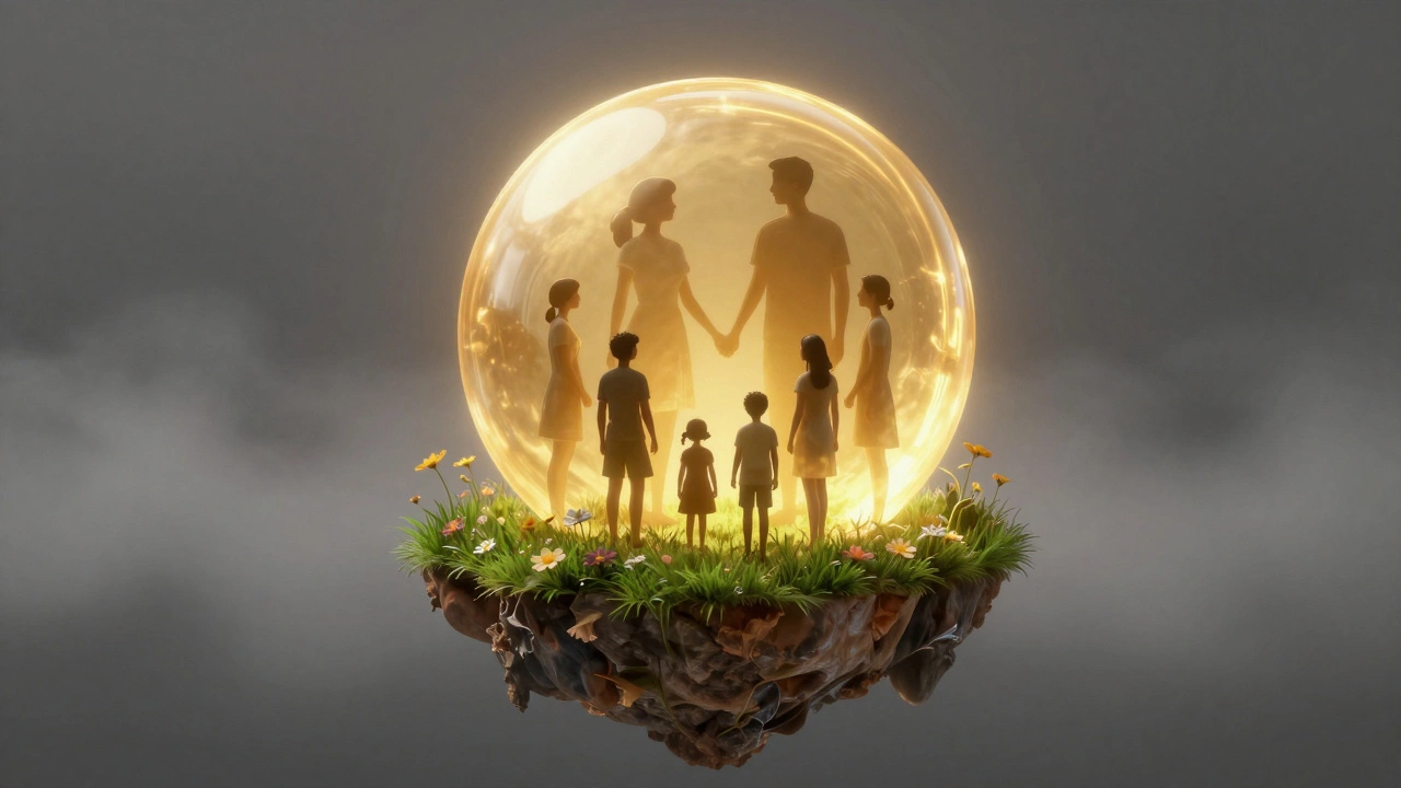 Семья внутри защитного золотого сияния, оберегающего от серого тумана