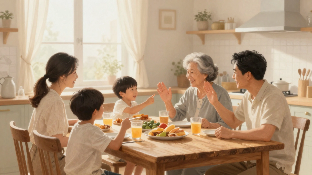 Три поколения семьи за совместным воскресным завтраком в светлой кухне