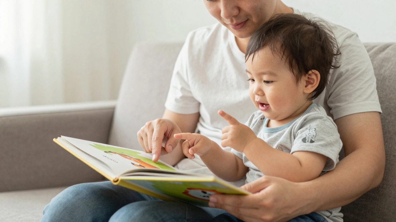Родитель читает книгу с картинками малышу на диване