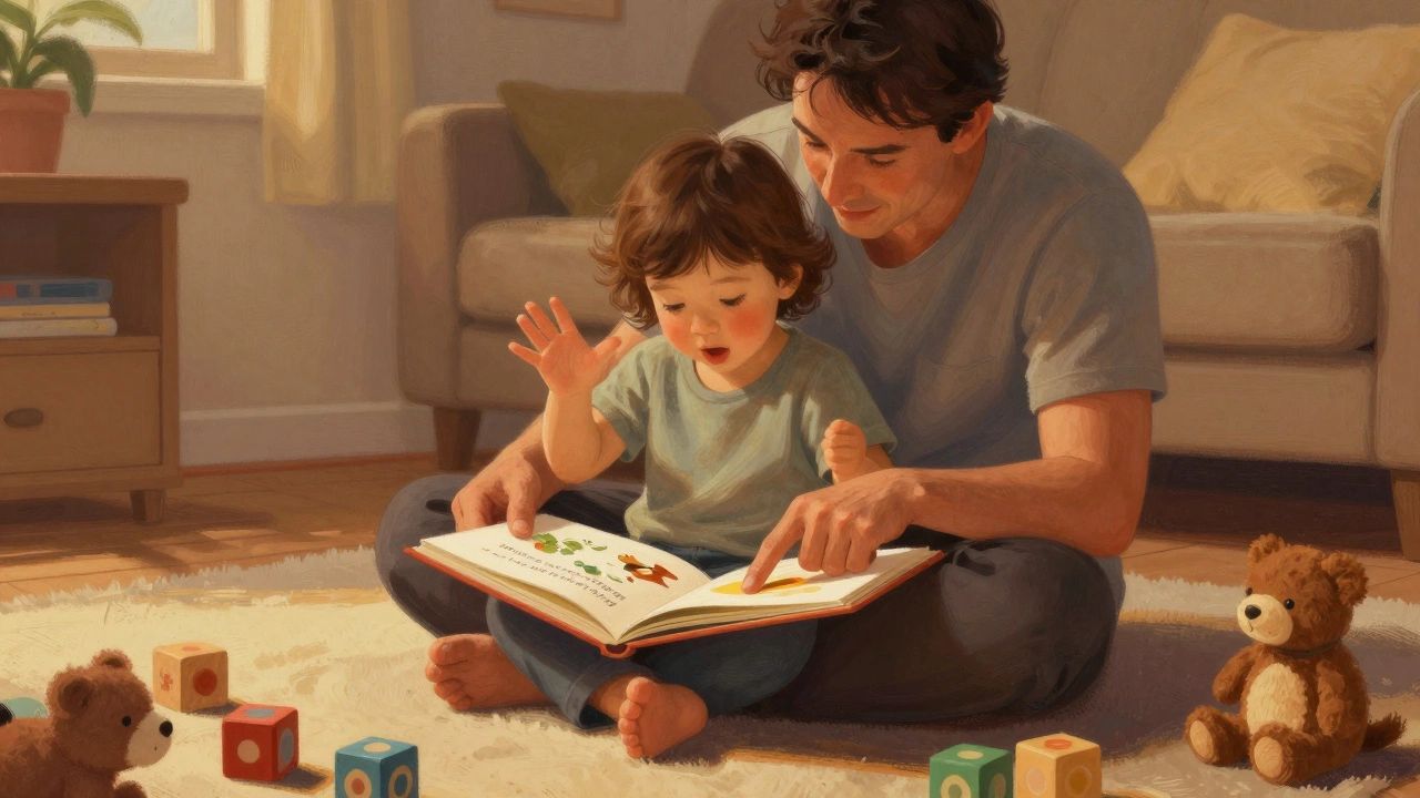 Родитель и ребенок читают книгу вместе в уютной домашней обстановке