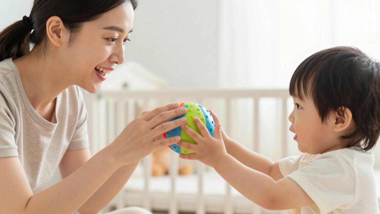 Родитель и ребенок играют в мяч для развития речи