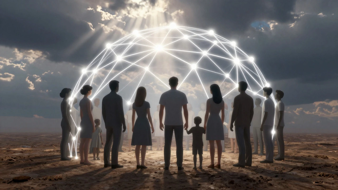 Group of people connected by light under a protective dome, showing unity