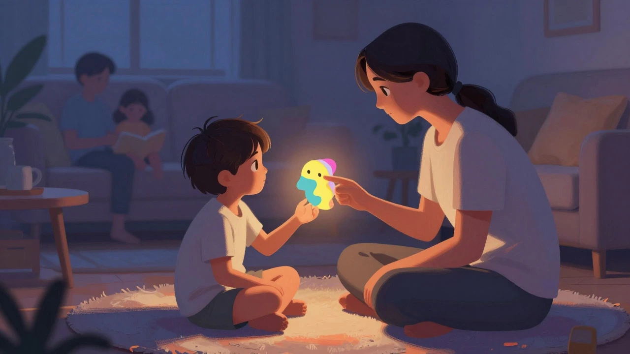 Parent comforting a child in a warm room, illustrating emotional support