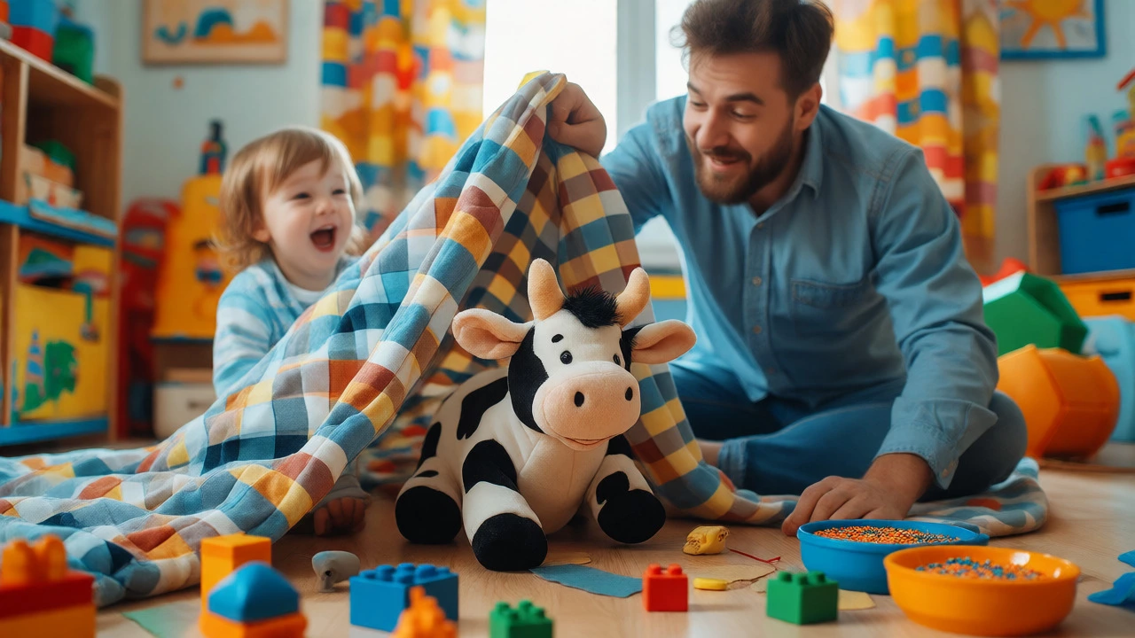 Игра в прятки с игрушечной коровой развивает речь и моторику ребенка
